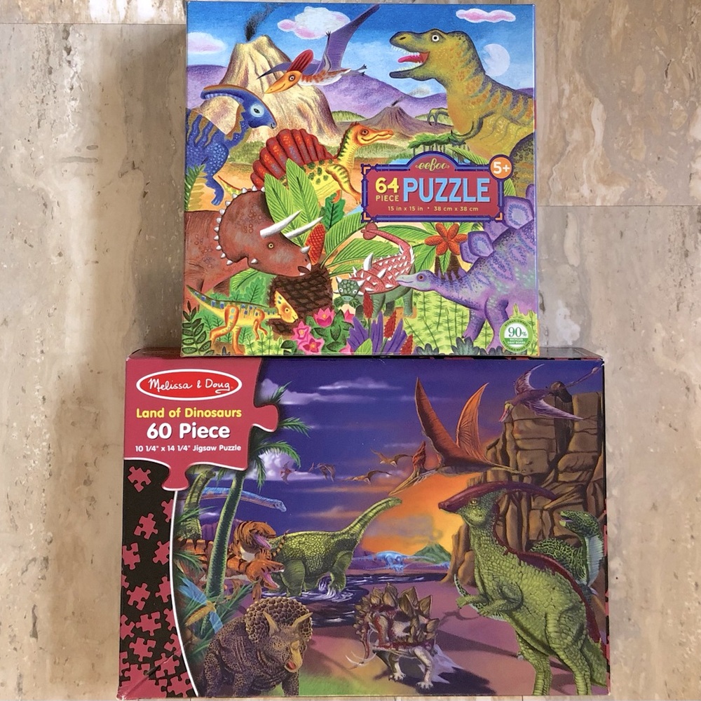 2 Dinosaur Puzzles: 64 Pieces by Eeboo Corporation/ 100 Pieces by Melissa & Doug